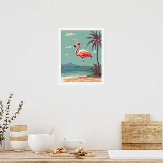  roze flamingo op strand Poster (Keuken)