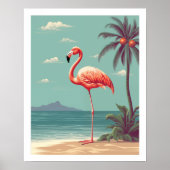 roze flamingo op strand Poster (Voorkant)