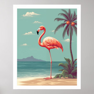  roze flamingo op strand Poster