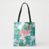 Roze flamingo op tropisch groen blad tote bag (Voorkant)