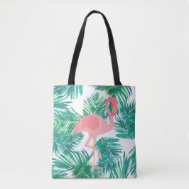 Roze flamingo op tropisch groen blad tote bag