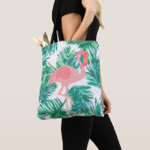 Roze flamingo op tropisch groen blad tote bag (Dichtbij)
