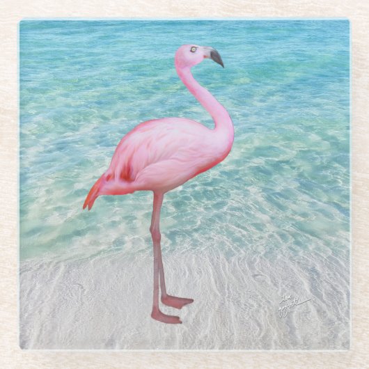 Roze Flamingo op Tropisch Strand Kust Glazen Onderzetter (Voorkant)