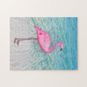 Roze Flamingo op tropisch strand Legpuzzel (Horizontaal)