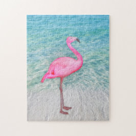 Roze Flamingo op tropisch strand Legpuzzel