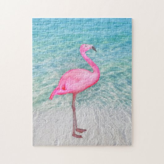 Roze Flamingo op tropisch strand Legpuzzel (Verticaal)
