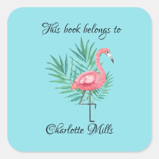 Roze Flamingo op Turquoise Bookplate Vierkante Sticker (Voorkant)