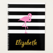 Roze Flamingo op zwart en wit gestreept Planner (Voorkant)
