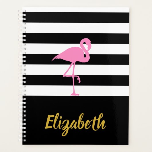 Roze Flamingo op zwart en wit gestreept Planner (Voorkant)