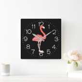 Roze flamingo op zwart vierkante klok (Huis)
