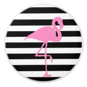 Roze Flamingo op zwarte en witte strepen Keramische Knop (Voorkant)