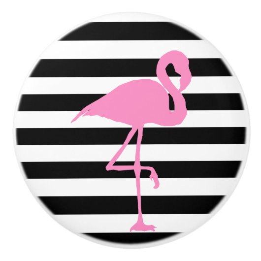 Roze Flamingo op zwarte en witte strepen Keramische Knop (Voorkant)