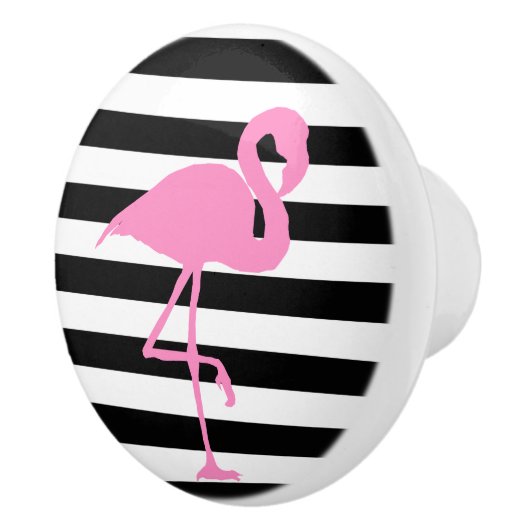 Roze Flamingo op zwarte en witte strepen Keramische Knop (Rechts)