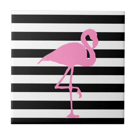 Roze Flamingo op zwarte en witte strepen Tegeltje (Voorkant)