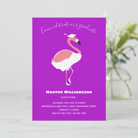 Roze Flamingo Paars Animal Afstuderen Kaart (Staand voorkant)