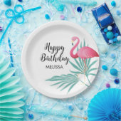 Roze Flamingo Palm Bladeren Verjaardag Papieren Bordje (Feest)