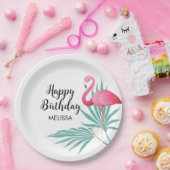 Roze Flamingo Palm Bladeren Verjaardag Papieren Bordje (Feest)