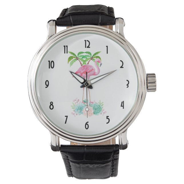Roze flamingo Palm-bomen en Succulenten Horloge (Voorkant)