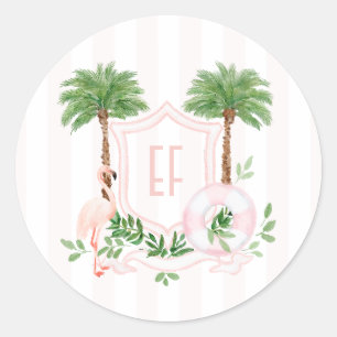 Roze Flamingo Palm Springs Monogram Meisjesuitje Ronde Sticker