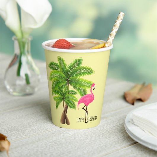 Roze Flamingo & Palm Trees 8oz Papier, deksel Papieren Bekers (Insitu)