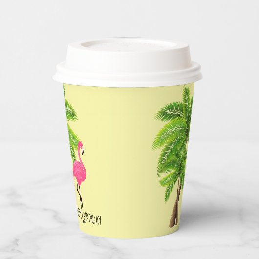 Roze Flamingo & Palm Trees 8oz Papier, deksel Papieren Bekers (Links)