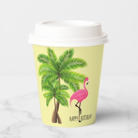 Roze Flamingo & Palm Trees 8oz Papier, deksel Papieren Bekers (Voorkant)