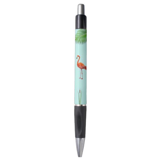 Roze Flamingo & Palmblad op Lichtblauw Pen (Voorkant Verticaal)