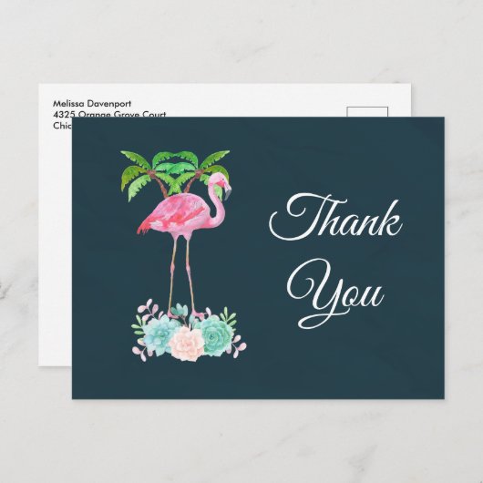Roze Flamingo Palmbomen en vetplanten Dank u Briefkaart (Voorkant / Achterkant)