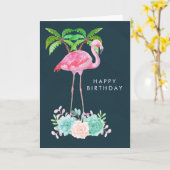 Roze Flamingo Palmbomen en vetplanten Verjaardag Kaart (Gele Bloem)