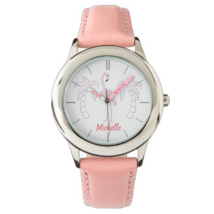 Roze Flamingo Palmbomen Gepersonaliseerd Meisjesho Horloge