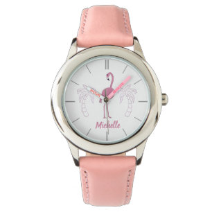 Roze Flamingo Palmbomen Gepersonaliseerd Meisjesho Horloge