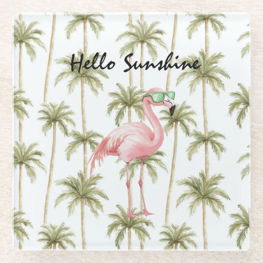 Roze Flamingo Palmbomen Glazen Onderzetter (Voorkant)