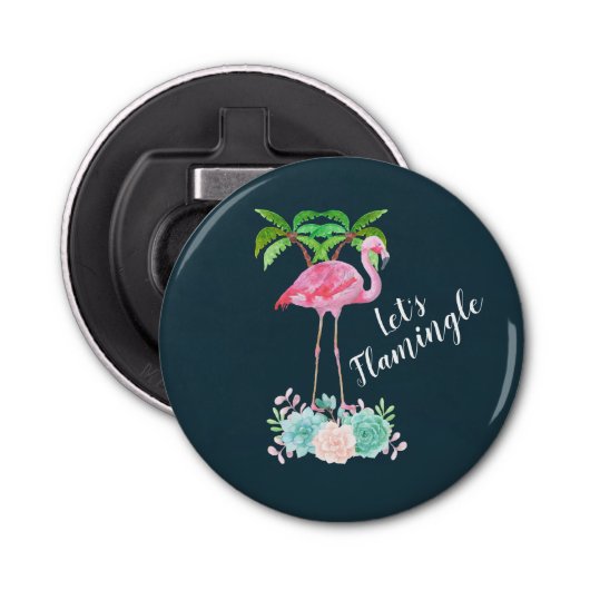Roze Flamingo & Palmbomen Let's Flamingle Button Flesopener (Voorkant)