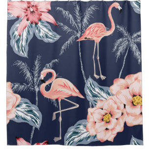 Roze flamingo, palmbomen, roos, orchidebloem, le douchegordijn