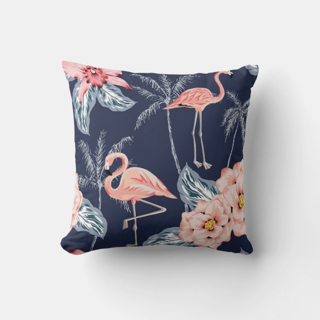 Roze flamingo, palmbomen, roos, orchidebloem, le kussen (Voorkant)