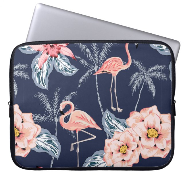 Roze flamingo, palmbomen, roos, orchidebloem, le laptop sleeve (Voorkant)