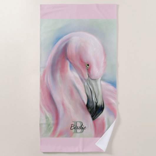 Roze Flamingo Pastel Art gepersonaliseerd Strandlaken (Voorkant)