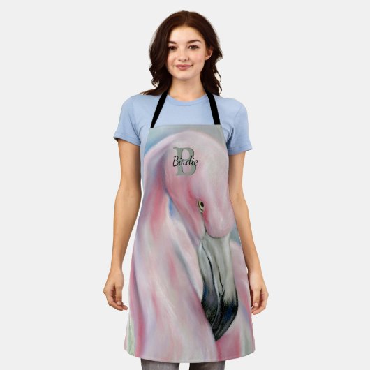 Roze Flamingo Pastel Art Monogramed Schort (Gedragen)