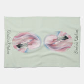 Roze Flamingo Pastel Art Persoonlijke naam Theedoek (Horizontaal)