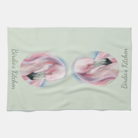 Roze Flamingo Pastel Art Persoonlijke naam Theedoek (Horizontaal)