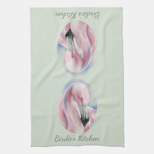 Roze Flamingo Pastel Art Persoonlijke naam Theedoek (Verticaal)
