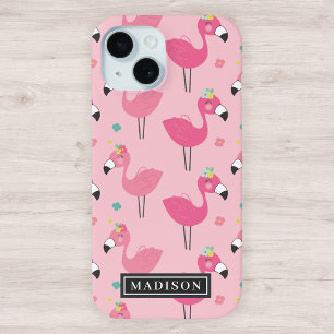 Roze Flamingo patroon aangepaste naam Sjabloon iPhone 15 Case