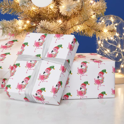 roze flamingo patroon met kerstpannen cadeaupapier (Feestdagen)