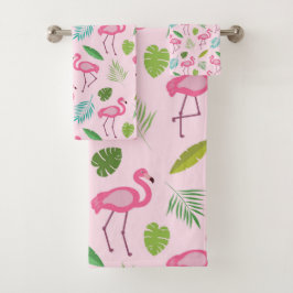Roze Flamingo Patroon met Tropische Bladeren   Bad Handdoek