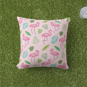 Roze Flamingo patroon met tropische bladeren Buitenkussen