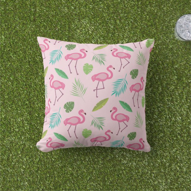 Roze Flamingo patroon met tropische bladeren Buitenkussen (Gras)