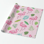 Roze Flamingo patroon met tropische bladeren Cadeaupapier (Uitgerold)