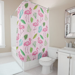 Roze Flamingo Patroon met Tropische Bladeren Douchegordijn