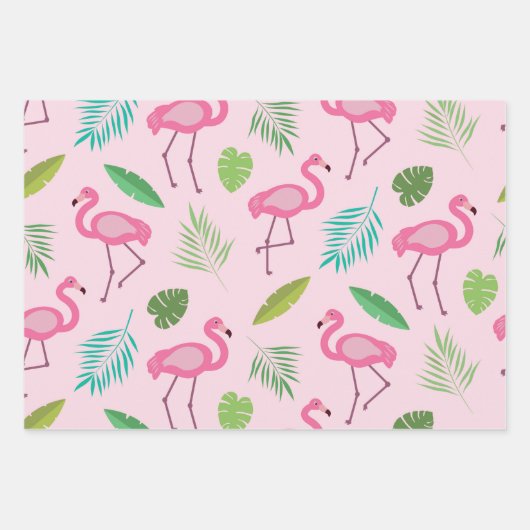 Roze flamingo patroon met tropische bladeren inpakpapier vel (Voorkant)