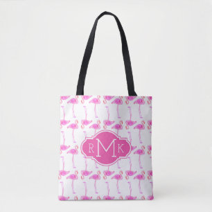 Roze Flamingo patroon   Monogram Tote Bag